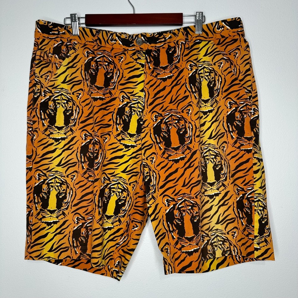 Royal & Awesome Golf Funky Shorts Size 40‎ Tiger Print Flat Front Orange Black